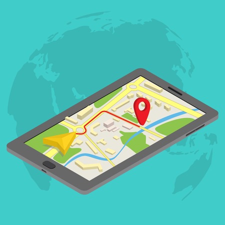 Flat 3d isometric mobile GPS navigation maps infographic concept vector. Tablet with digital satellite mapのイラスト素材