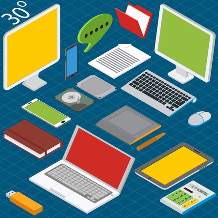 Isometric workplace with a laptop, desktop, smartphones, tablets, calculators, notebooks, hard drives and graphics tabletのイラスト素材