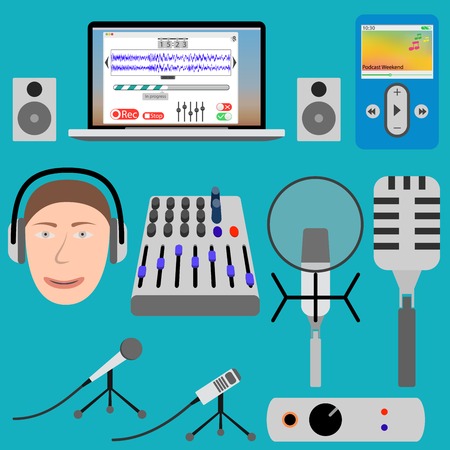 Equipment for podcasting and laptop player, microphone and mixerのイラスト素材