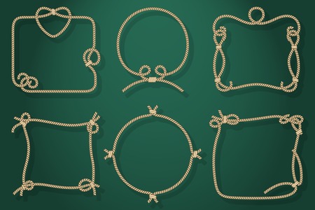 Set of Old Rope Frames in Different Unique Styles on Abstract Green Background.のイラスト素材