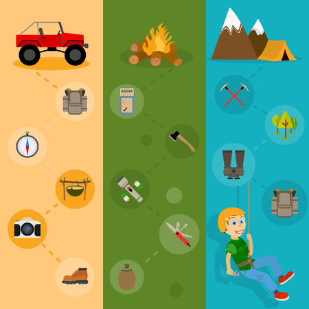 Camping banners vertical set with adventure mountain hiking flat elements set isolated vector illustrationのイラスト素材