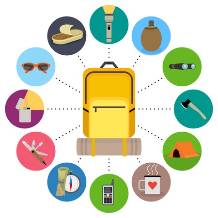 Traveler backpack contents. Tourism objects in round frame. Vector clip art illustrations isolated on whiteのイラスト素材