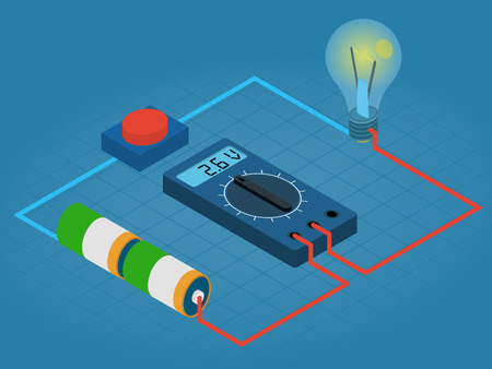 infographic of measurement multimeters voltage circuit from battery, buttons and lights - isometric illustrationのイラスト素材