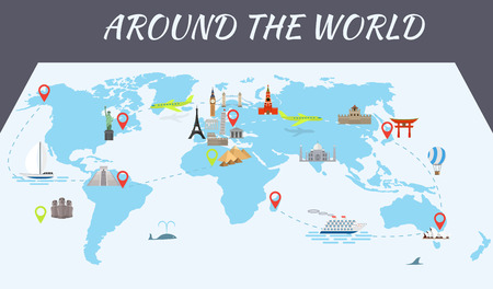Illustration of vector flat design postcard with famous world landmarks icons on the mapのイラスト素材