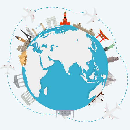 The concept of traveling around the world. Famous international landmarksのイラスト素材