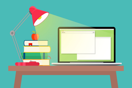 Workspace flat style. Textbook and apple, stack book and table lamp, paperwork and workplace, vector illustrationのイラスト素材