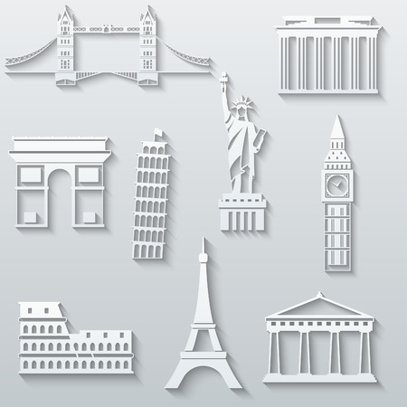 World landmarks, abstract flat paper icons set - Big Ben, Tower Bridge, The Statue of Liberty, Leaning Tower, Eiffel, Colosseum, Parthenon, Brandenburg Gateのイラスト素材
