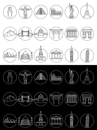 Popular travel landmarks icons - vector set of thin line monuments symbols or elementsのイラスト素材