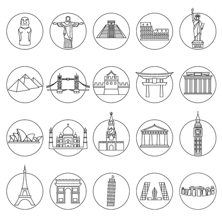 Popular travel landmarks icons - vector set of thin line monuments symbols or logo elementsのイラスト素材