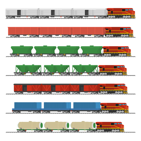 Essential Trains. Collection of freight railway cars. Isolated on white background. Vector illustrationのイラスト素材