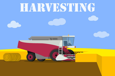Agricultural machinery - vector red harvester working on the fieldのイラスト素材