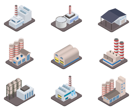 Industrial buldings - Simple vector isometric factory plants and factories icon setのイラスト素材