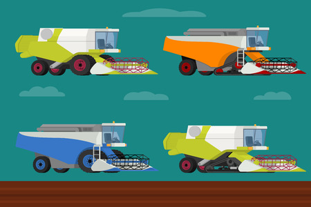 Vector set of agricultural vehicles and farm machines. Modern combine harvesters collection. Illustration in flat design. Agriculture machinery. Agriculture crop harvest.のイラスト素材