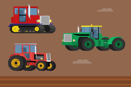 Agriculture machinery. Vector set of caterpillar tractor and wheeled farm tractors.のイラスト素材