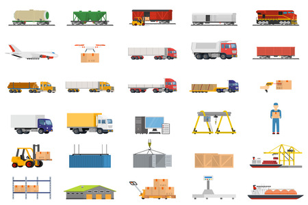 Set of icons transport logistics concept. Warehouse and production, stackers and trolley, scanner barcode, guaranteed and loading, trucks and trains, crane and logistic illustrationのイラスト素材