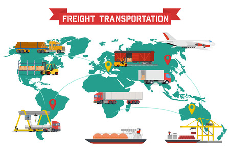 Vector infographic of worldwide shipping, heavy transport, delivery ways and logistics in business and industry with warehouse, trucks, airplane, railway and seaway cargo ship with abstract world mapのイラスト素材