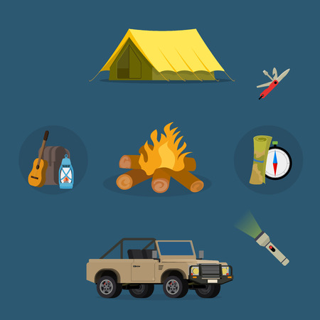Set of camping equipment symbols vector icons. Camping tent and camping fishing rod travel backpack. Campfire activity camping travel backpack. Camping hike tourist campsite fun nature element set.のイラスト素材