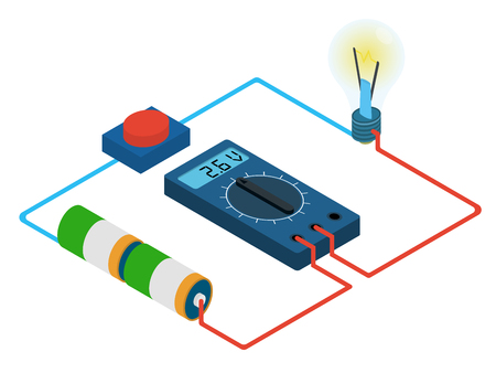 infographic of measurement multimeters voltage circuit from battery, buttons and lights - isometric illustrationのイラスト素材