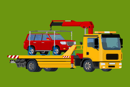 Car towing truck Online, evacuator Online, Online roadside assistance car towing truck, Business and Service Concept, Flat 3d vector isometric illustration.のイラスト素材