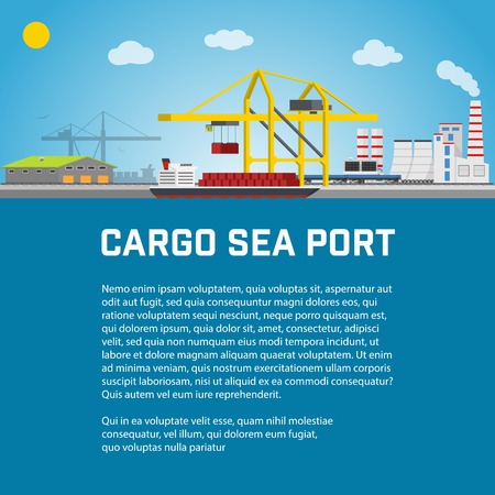 Sea Port, Unloading of Cargo Containers from the Container Carrier, Cranes in Port Load Containers on the Container Ship or Unload, Poster Brochure Flyer Design, Vector Illustrationのイラスト素材