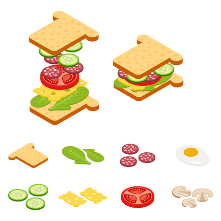 Set vector constructor isometric sandwich and hamburger ingredients: ham, cheese, egg, onion, tomato, cucumber, mushrooms, radishes, salad, cutlet, potato and pepperのイラスト素材