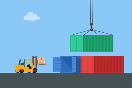 Concept marine cargo port. Unloading of sea cargo containers by a forklift. Closed containers and one outdoor. Vector illustration.のイラスト素材