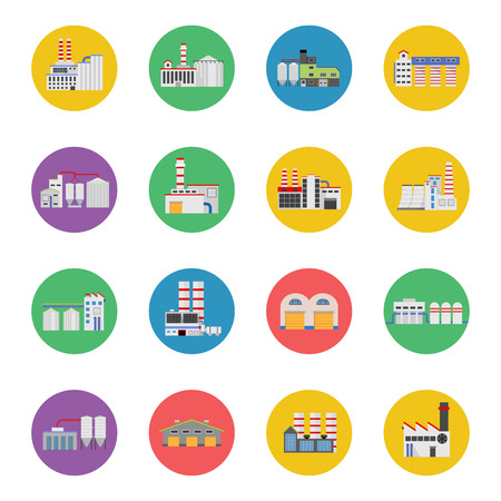 Flat industrial buildings and factories iconsのイラスト素材