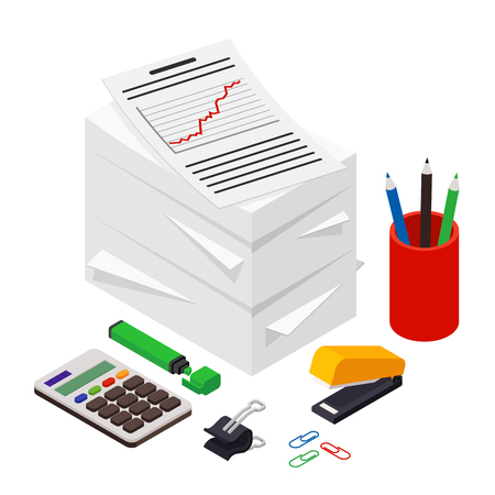 Heap of documents accompanied by pen, pencil and calculator. Isometric vector illustrationのイラスト素材