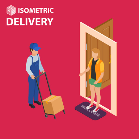 Fast delivery flat isometric vector concept. The Courier stays with the parcel near the door and gives the parcel to the customer.のイラスト素材