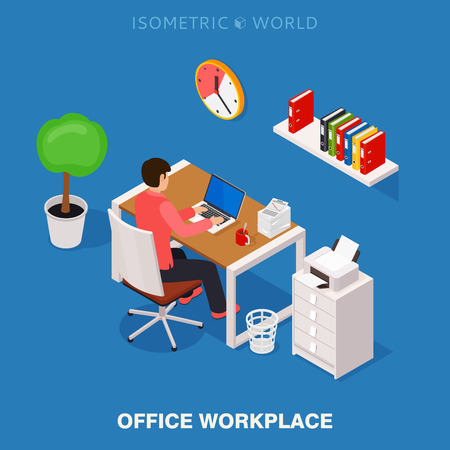 Colored 3d isometric office workplace vector concept illustration. Work table composition plus collection of isometric objects: table, chair, books, laptop, trash bin, folders, papers, printer.のイラスト素材