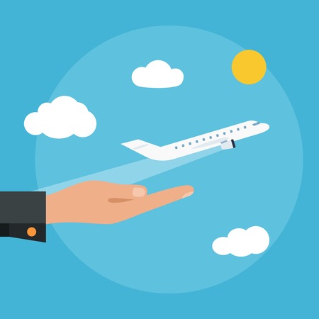 The plane takes off from the palm of hand. Vector flat airplane illustration.のイラスト素材