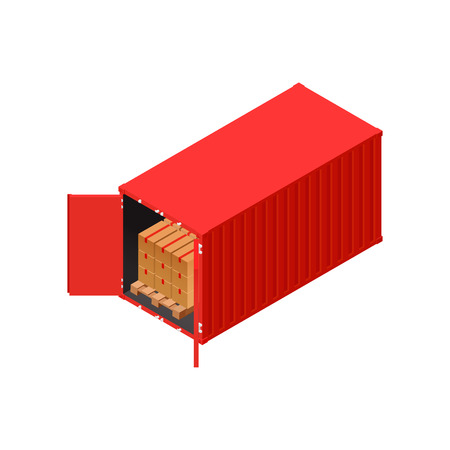 Isometric red shipping container loaded with palet cardboardsのイラスト素材