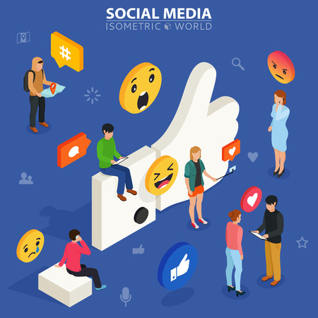 Social media isometric concept. Young people communicate with each other. Social networking and blogging. Flat design of guys and women near big symbol.のイラスト素材