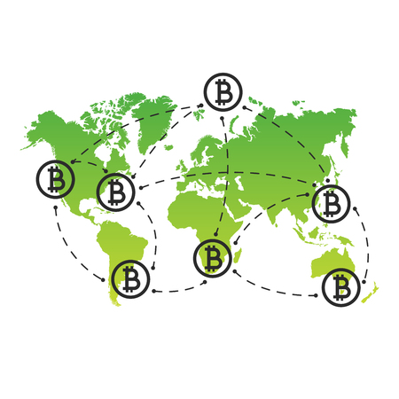Global Abstract Bitcoin Crypto Currency Blockchain Technology World Map Background Illustrationのイラスト素材