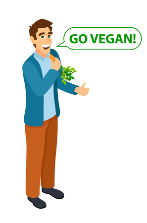Go vegan. Isometric young character eats a carrot.のイラスト素材