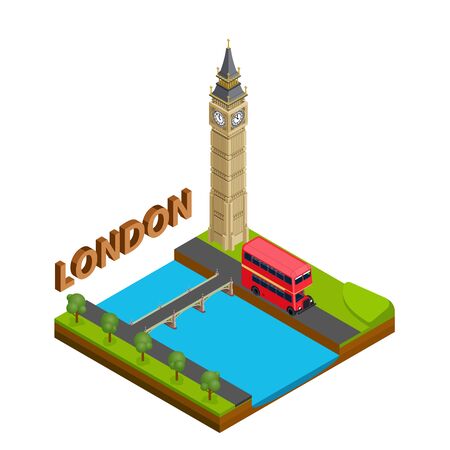 London city famous landmark of capital england symbol Britain travel business concept. Isometric view.のイラスト素材