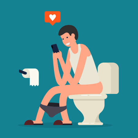 Young man in tie using a smartphone when sitting on toilet bowl.のイラスト素材