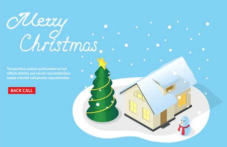Isometric vector illustration on a Christmas theme beautiful house in a snow and decorated tree by a holiday tree with giftsのイラスト素材