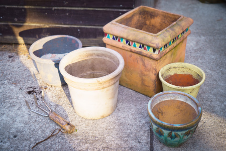 Preparations of floral flower pot arrangementの写真素材