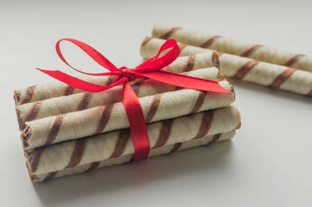 Chocolate vafer sticks on white backgroundの写真素材