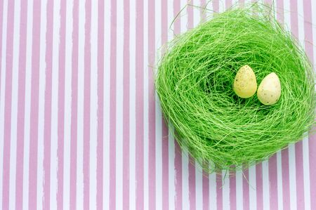 Artificial green nest with two eggs on striped backgroundの写真素材