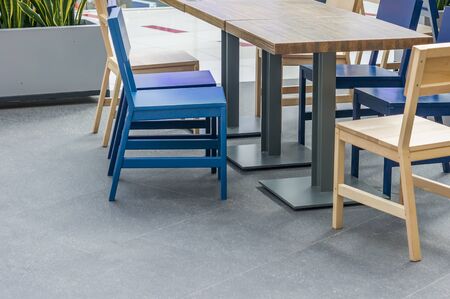 Close up of a small cafe interior in blue and grey colors