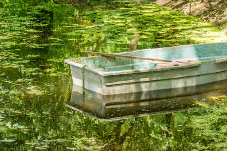 old green rowboat in a garden pondの写真素材