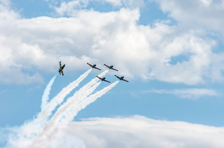 HUKOVSKY, MOSCOW REGION, RUSSIA - JULY 23, 2017: Expositions of International Aerospace Salon MAKS-2017 in Zhukovsky, Moscow region, Russia. Baltic Bees Jet Team from Latviaのeditorial素材