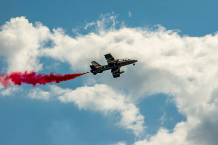ZHUKOVSKY, MOSCOW REGION, RUSSIA - JULY 23, 2017: Expositions of International Aerospace Salon MAKS-2017 in Zhukovsky, Moscow region, Russia. Al Fursan aerobatic team from United Arab Emiratesのeditorial素材