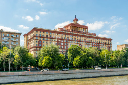 Moscow, Russia - August 10, 2017: View of riverside of Moscow river and floating passenger boatsのeditorial素材