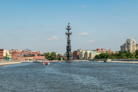 Moscow, Russia - August 10, 2017: View of Embankment of Moscow river and floating passenger boats