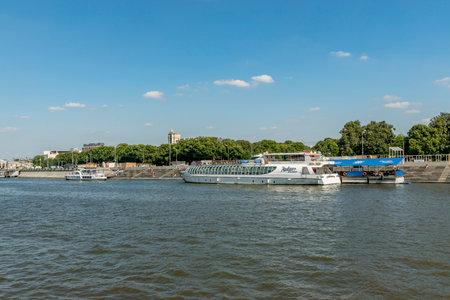 Moscow, Russia - August 10, 2017: all-year navigation leisure boat Celebrity goes up the Moscow river. This vessel belongs to the Radisson Royal Moscow flotiliaのeditorial素材