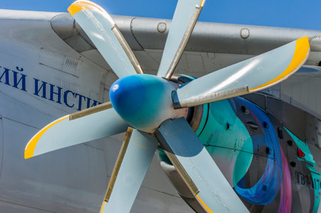 ZHUKOVSKY/RUSSIA, JUlY 22, 2017; MAKS-2017 AIRSHOW: Turboprop engine TV7-117ST under the wing of the flying laboratory Il-76LLのeditorial素材