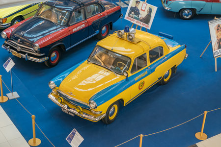 Moscow, Russia - November 23, 2017: Two Soviet Union police cars GAZ-21 Volga. Retro car exibition in Metropolis shopping mallのeditorial素材